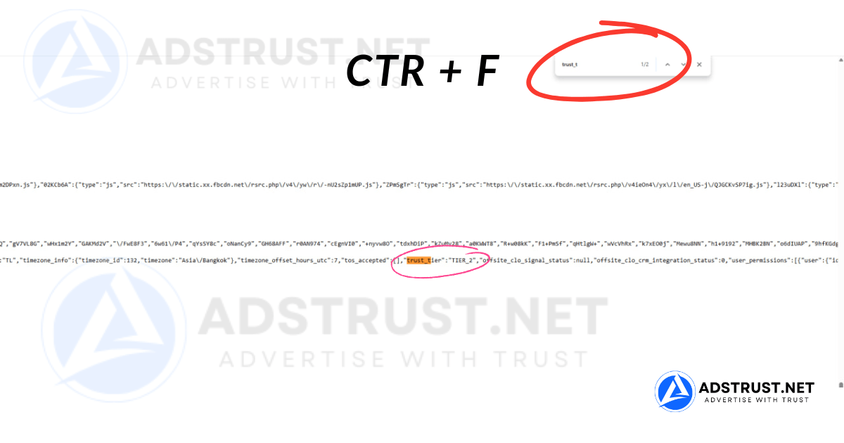 Facebook hiva score Ads Manager page source showing the trust_tier field set to TIER_2