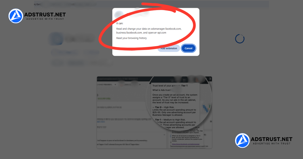 Browser extension permission prompt requesting access to all Facebook data