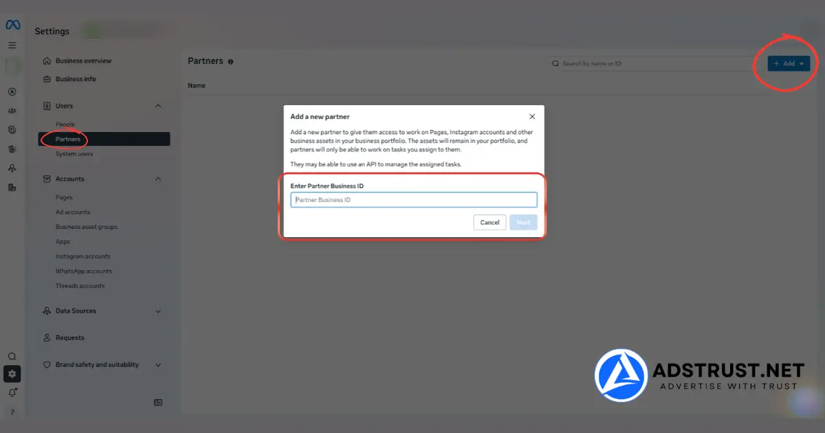 The steps to add a partner to a Facebook Business Manager