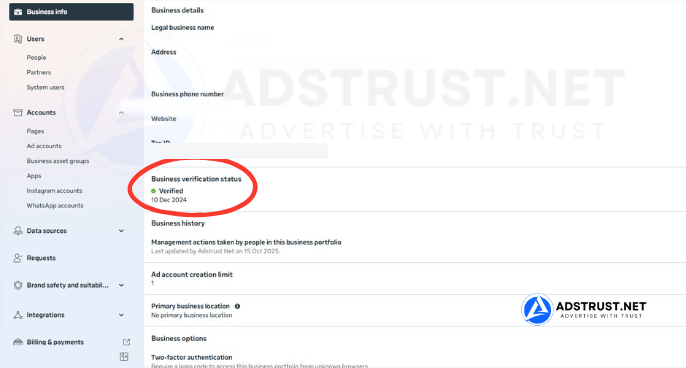 Business Settings showing a completed business verification status, with tax details redacted